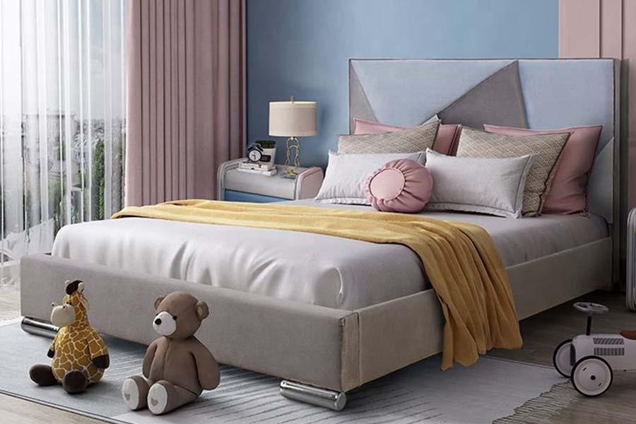 Cama de solteiro de couro sintético 1571 com cabeceira com código de cores e camas infantis