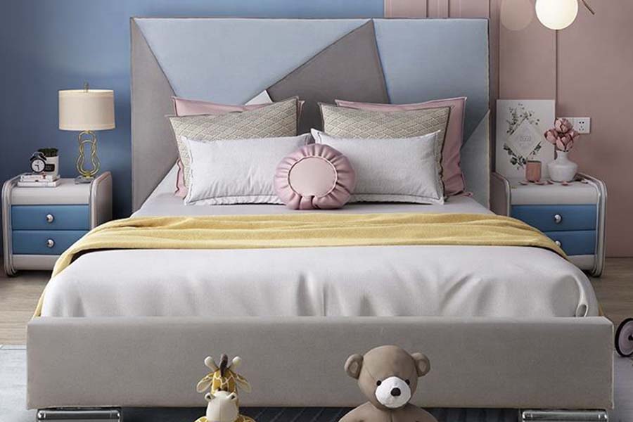 Cama de solteiro de couro sintético 1571 com cabeceira com código de cores e camas infantis