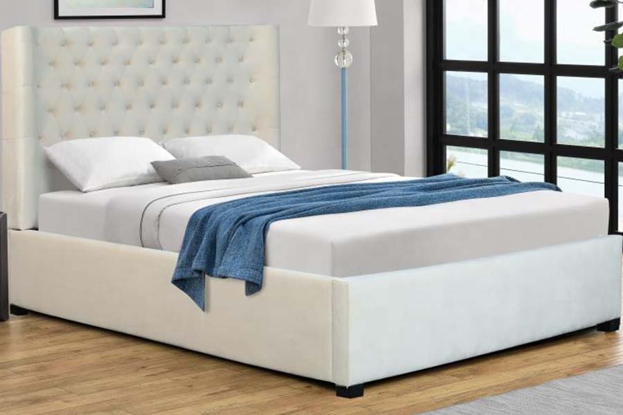 Cama estofada em tecido com cabeceira de cama com 1500 botões