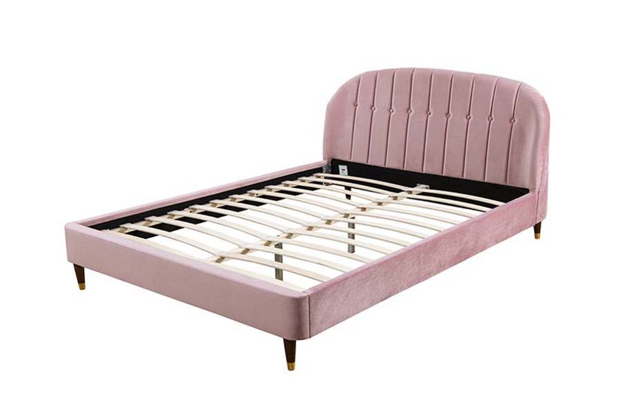 Tecido de veludo rosa 1598 com cama estofada em painel de madeira