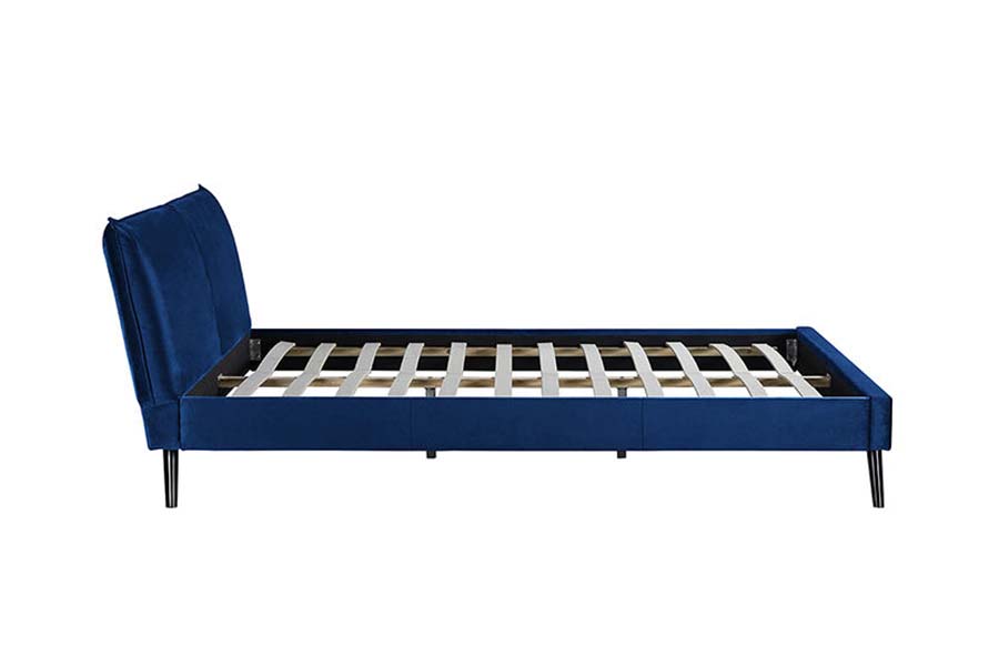 Cama estofada com cabeceira macia azul de cama queen size com pernas de madeira 1494