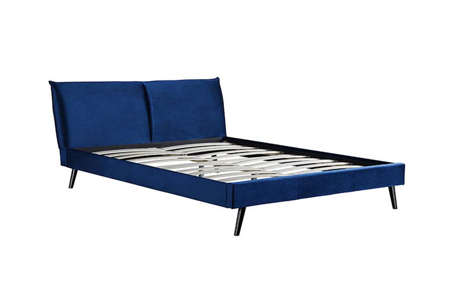 Cama estofada com cabeceira macia azul de cama queen size com pernas de madeira 1494