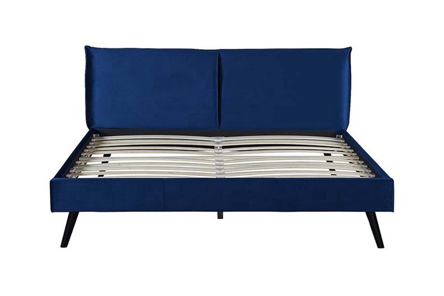 Cama estofada com cabeceira macia azul de cama queen size com pernas de madeira 1494
