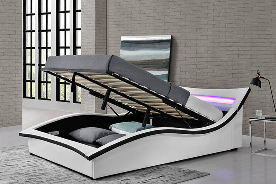 Estrutura de cama estofada com LED de couro PU de luxo 1877