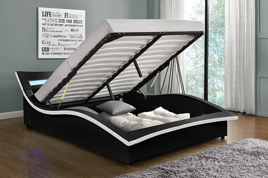 Estrutura de cama estofada com LED de couro PU de luxo 1877