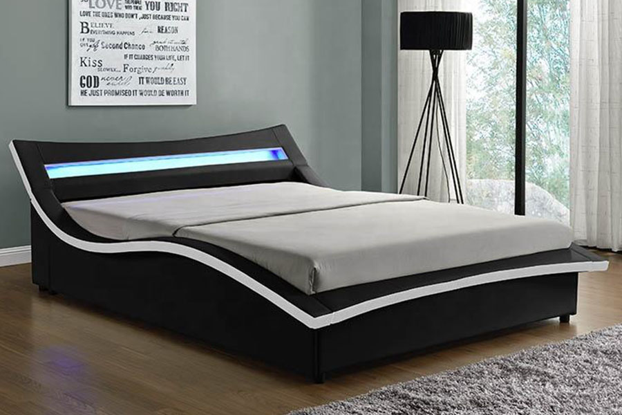 Estrutura de cama estofada com LED de couro PU de luxo 1877