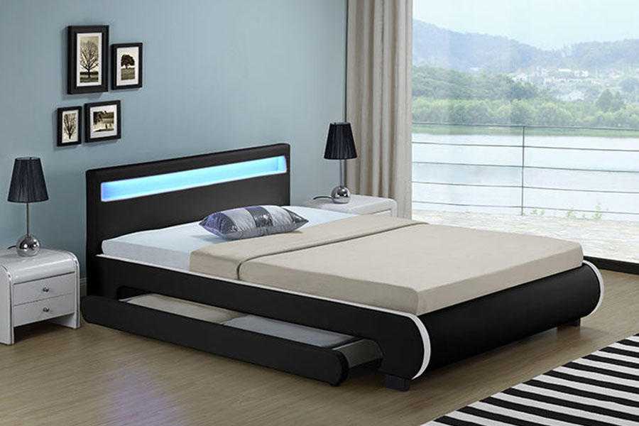 Cama estofada de couro PU com gaveta para armazenamento de LED 1135-1D