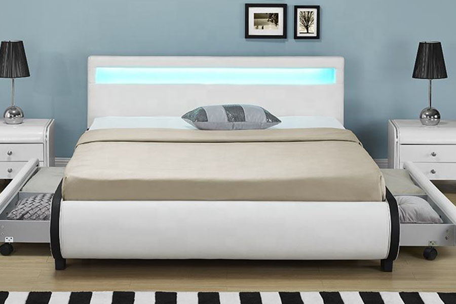 Cama estofada de couro PU com gaveta para armazenamento de LED 1135-1D