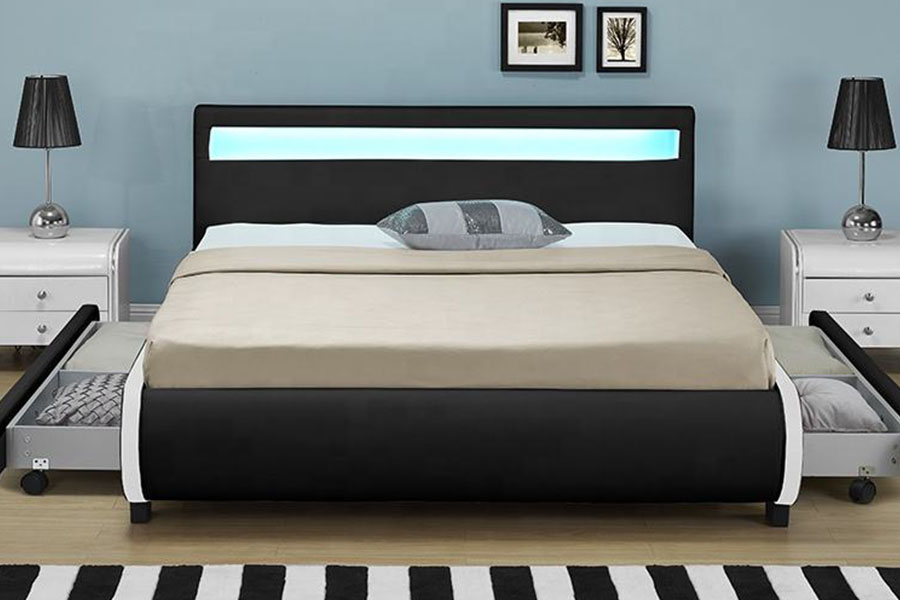 Cama estofada de couro PU com gaveta para armazenamento de LED 1135-1D