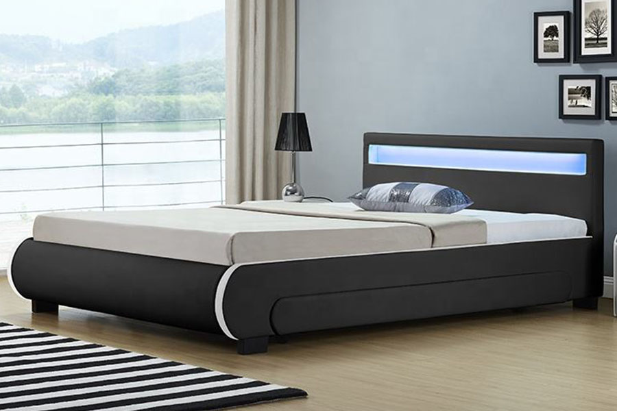 Cama estofada de couro PU com gaveta para armazenamento de LED 1135-1D