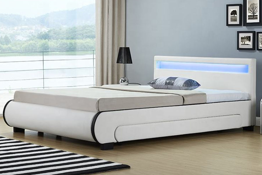 Cama estofada de couro PU com gaveta para armazenamento de LED 1135-1D