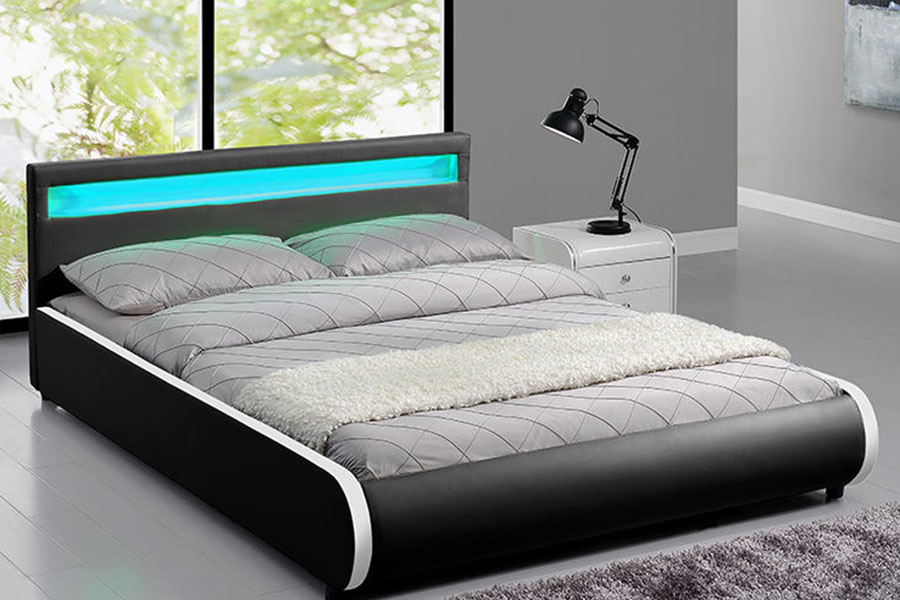 1125-1 Cama estofada dupla em madeira maciça de couro PU