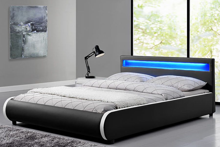 1125-1 Cama estofada dupla em madeira maciça de couro PU