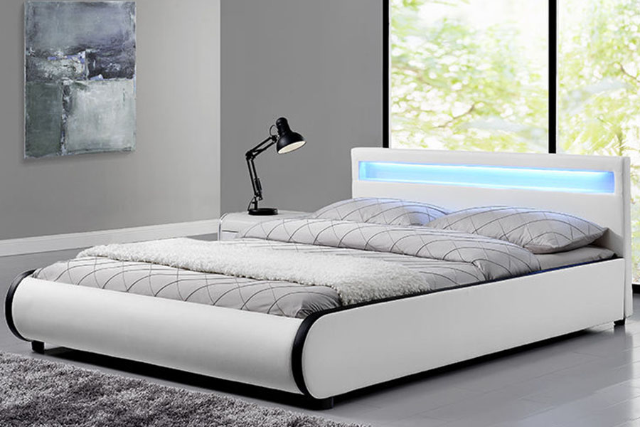 1125-1 Cama estofada dupla em madeira maciça de couro PU