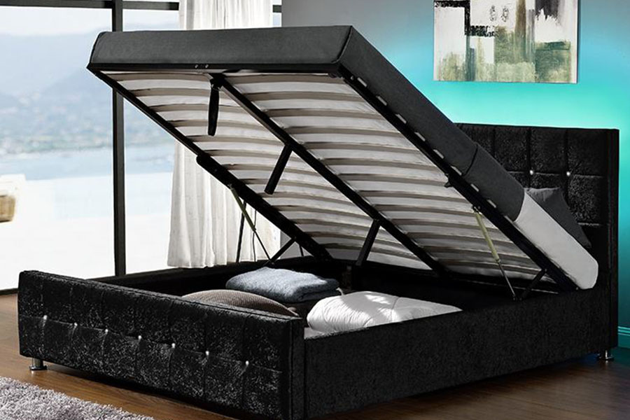 Cama moderna de armazenamento com elevador a gás LED de veludo chenille 1149-1G