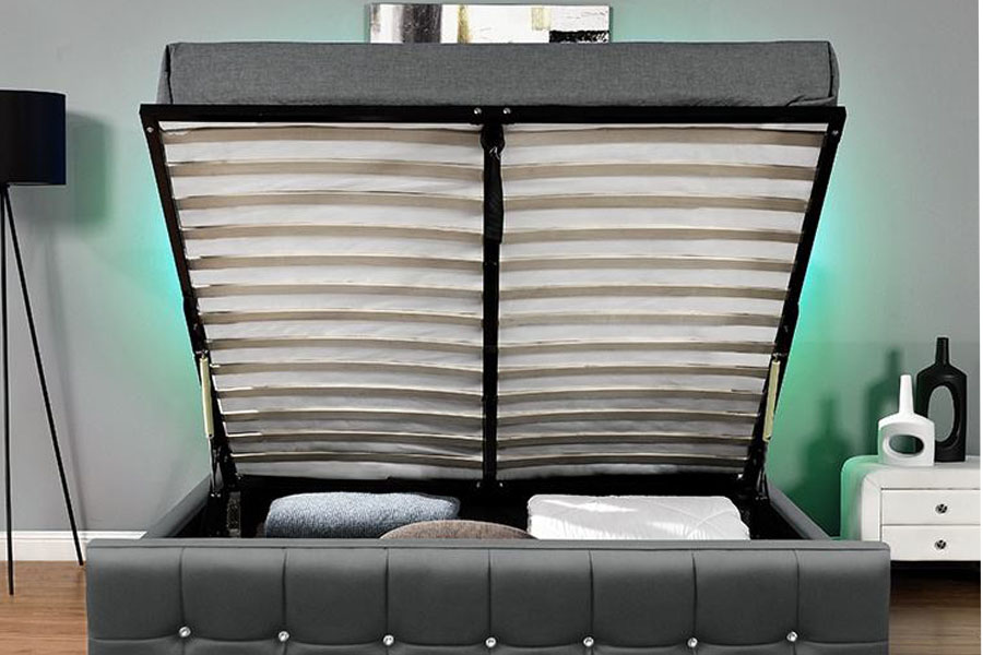 Cama moderna de armazenamento com elevador a gás LED de veludo chenille 1149-1G