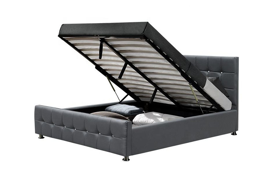 Cama moderna de armazenamento com elevador a gás LED de veludo chenille 1149-1G