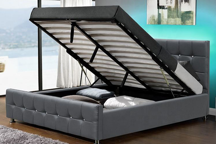 Cama moderna de armazenamento com elevador a gás LED de veludo chenille 1149-1G