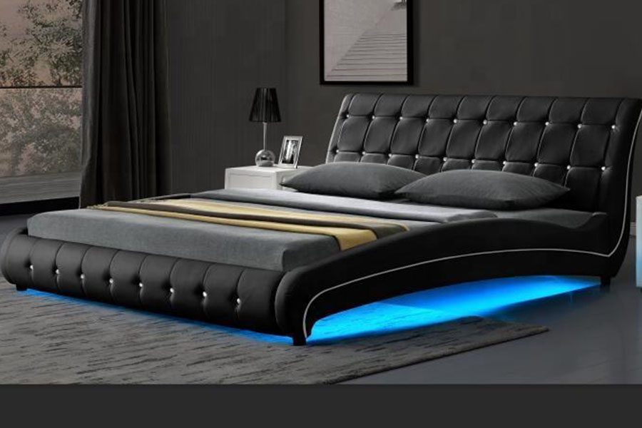 1144-1 Estrutura de cama estofada LED de luxo em couro falso tufado
