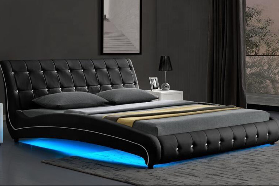 1144-1 Estrutura de cama estofada LED de luxo em couro falso tufado