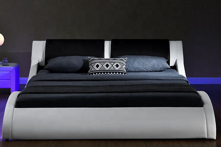 1187-1 Estrutura de cama estofada king em couro LED italiano em forma de S