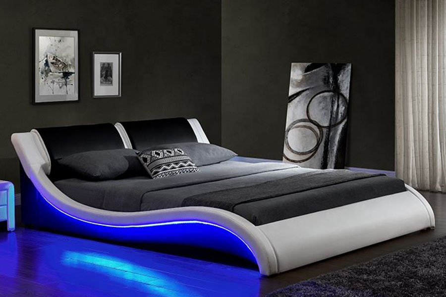 1187-1 Estrutura de cama estofada king em couro LED italiano em forma de S