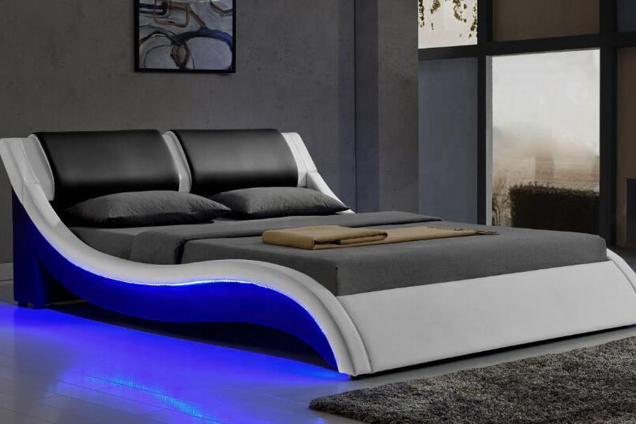 1187-1 Estrutura de cama estofada king em couro LED italiano em forma de S