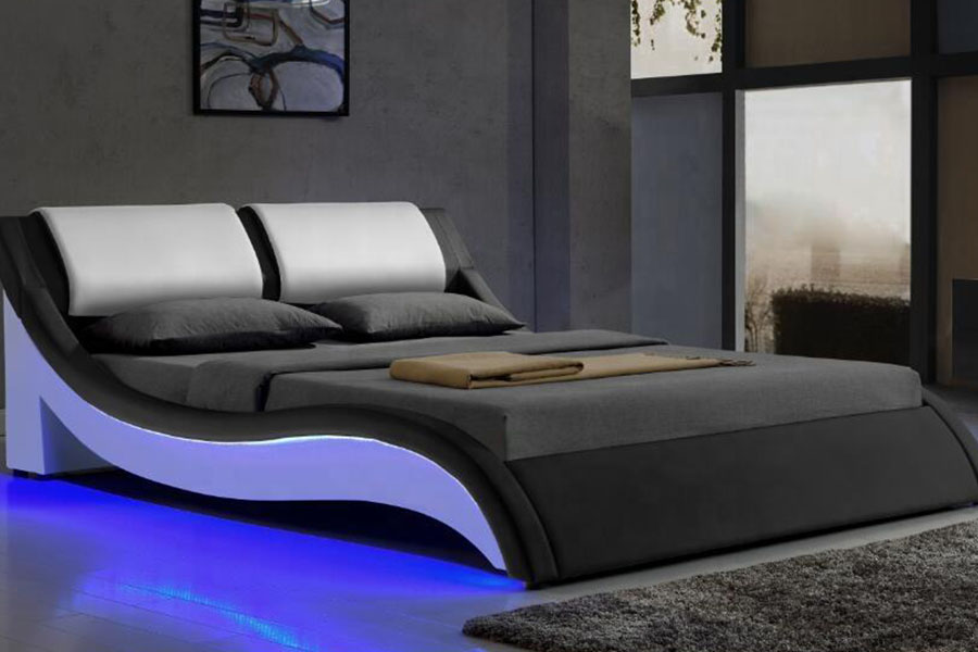 1187-1 Estrutura de cama estofada king em couro LED italiano em forma de S