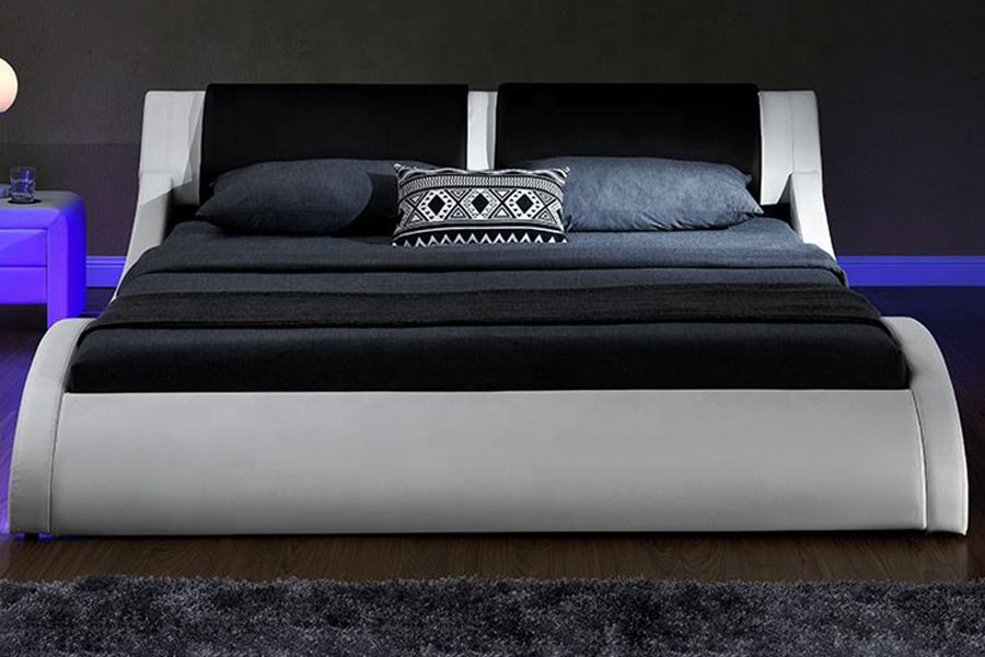 1178-1 Cama estofada Queen King de couro com moldura LED tipo onda