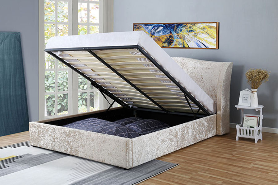 Estrutura de cama estofada otomana com acabamento em ostra champanhe-veludo 1320G