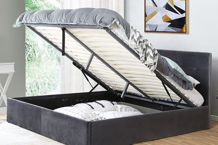 Estrutura de cama estofada de madeira com elevador a gás de veludo de operação flexível 1407G