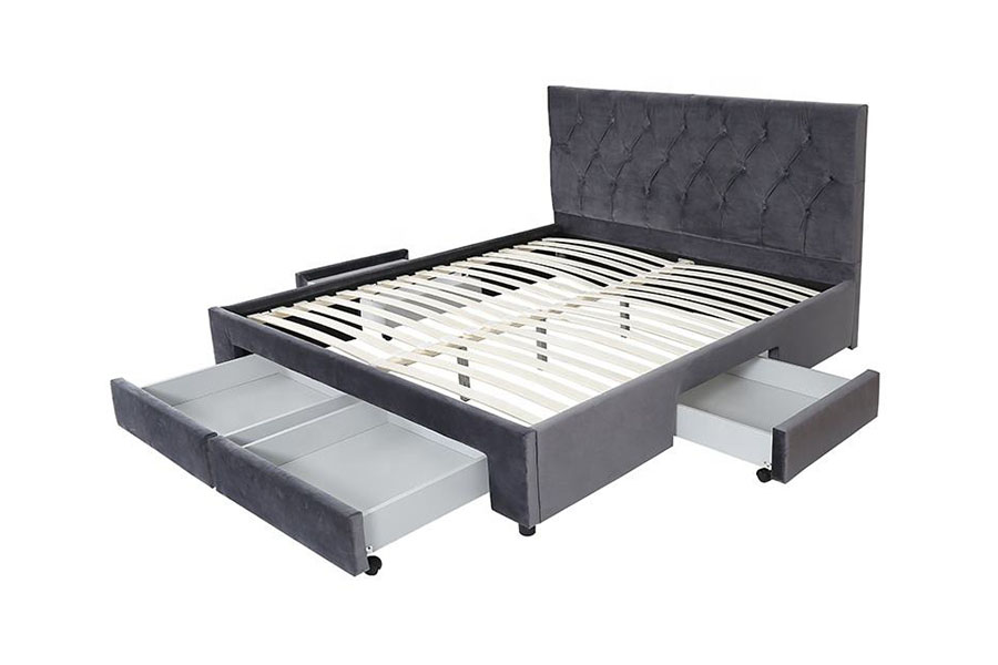 1406D Velvet King gaveta com base de madeira estofada estrutura de cama de armazenamento
