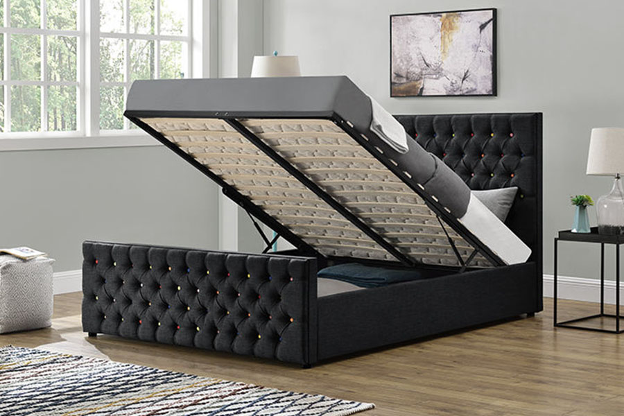 1308G tecido preto luxuoso trenó com plataforma tufada com elevador a gás estrutura de cama de armazenamento