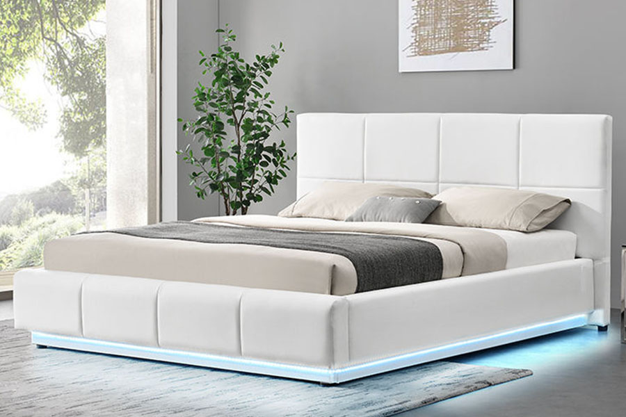 1388G Côncavo-Ravina LED tecido elevador a gás king estofado estrutura de cama de armazenamento