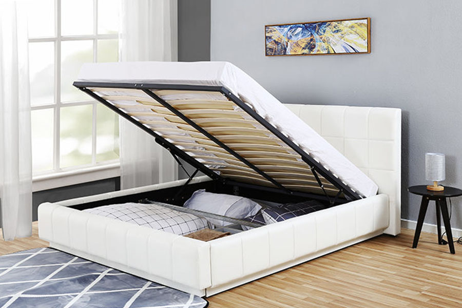 1305G LED de três lados branco-PU couro armazenamento quarto estrutura de cama estofada