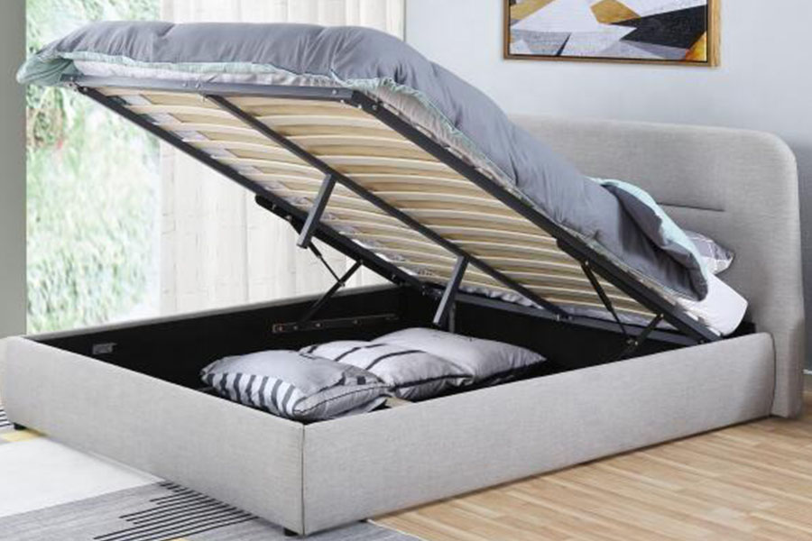 1388G Côncavo-Ravina LED tecido elevador a gás king estofado estrutura de cama de armazenamento