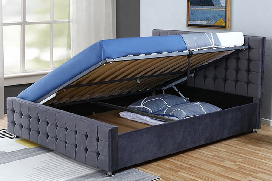 Painel tufado de veludo 1354G de madeira maciça King Otomano Armação de cama de armazenamento