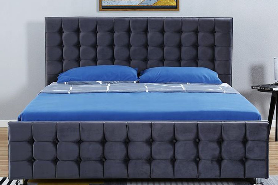 Painel tufado de veludo 1354G de madeira maciça King Otomano Armação de cama de armazenamento