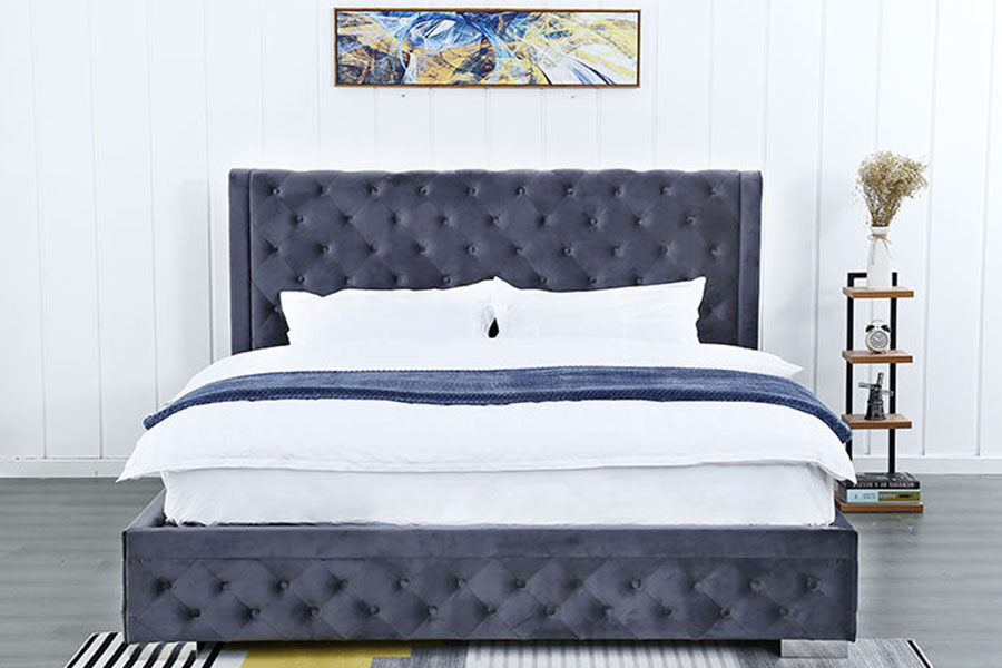 1293G de pelúcia-veludo de madeira maciça otomano queen estofado estrutura de cama de armazenamento