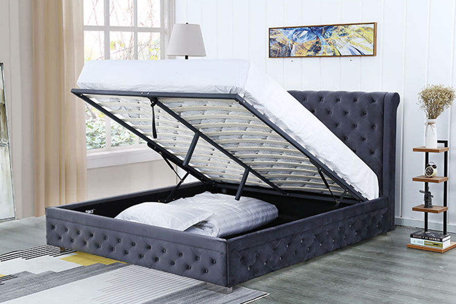 1293G de pelúcia-veludo de madeira maciça otomano queen estofado estrutura de cama de armazenamento