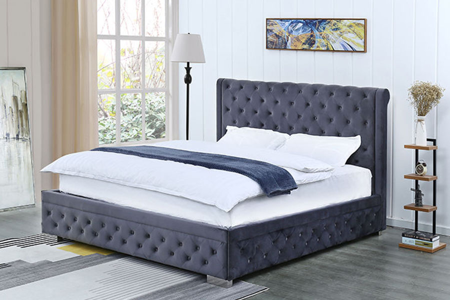 1293G de pelúcia-veludo de madeira maciça otomano queen estofado estrutura de cama de armazenamento