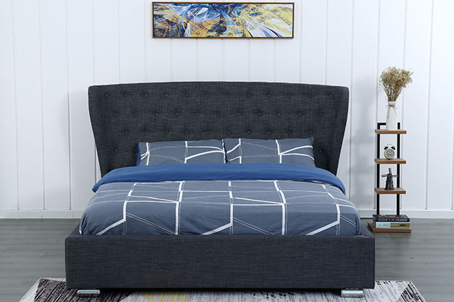 Cama estofada com pernas de madeira com botões de linho cinza europeu 1292G