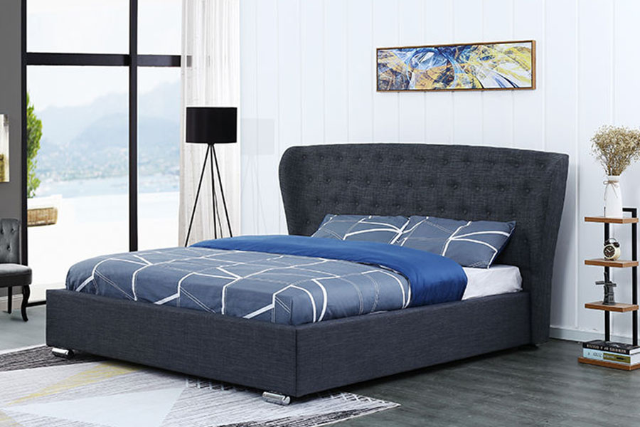 Cama estofada com pernas de madeira com botões de linho cinza europeu 1292G