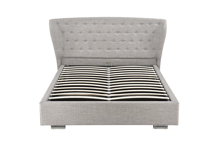 Cama estofada com pernas de madeira com botões de linho cinza europeu 1292G