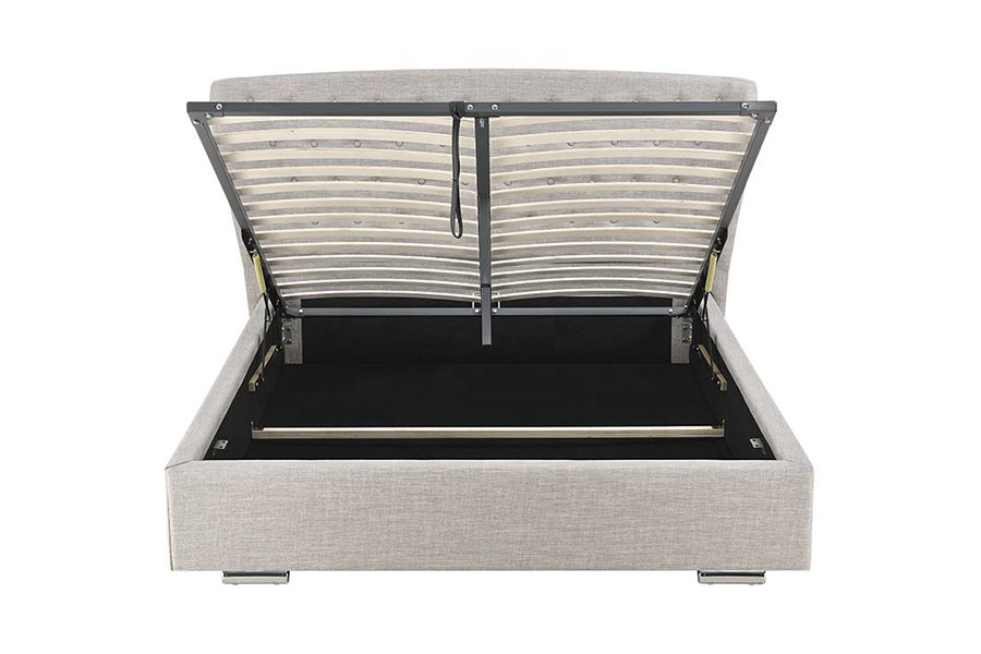 Cama estofada com pernas de madeira com botões de linho cinza europeu 1292G