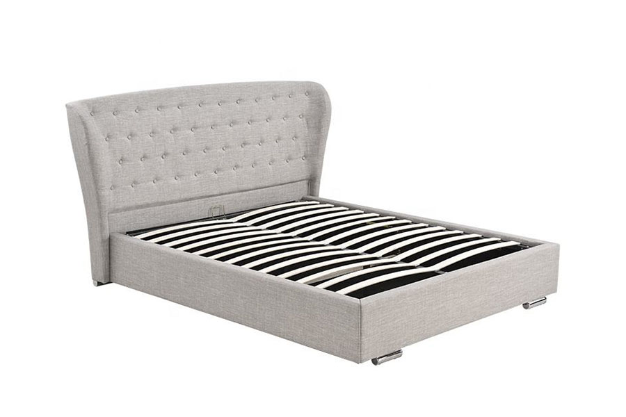 Cama estofada com pernas de madeira com botões de linho cinza europeu 1292G