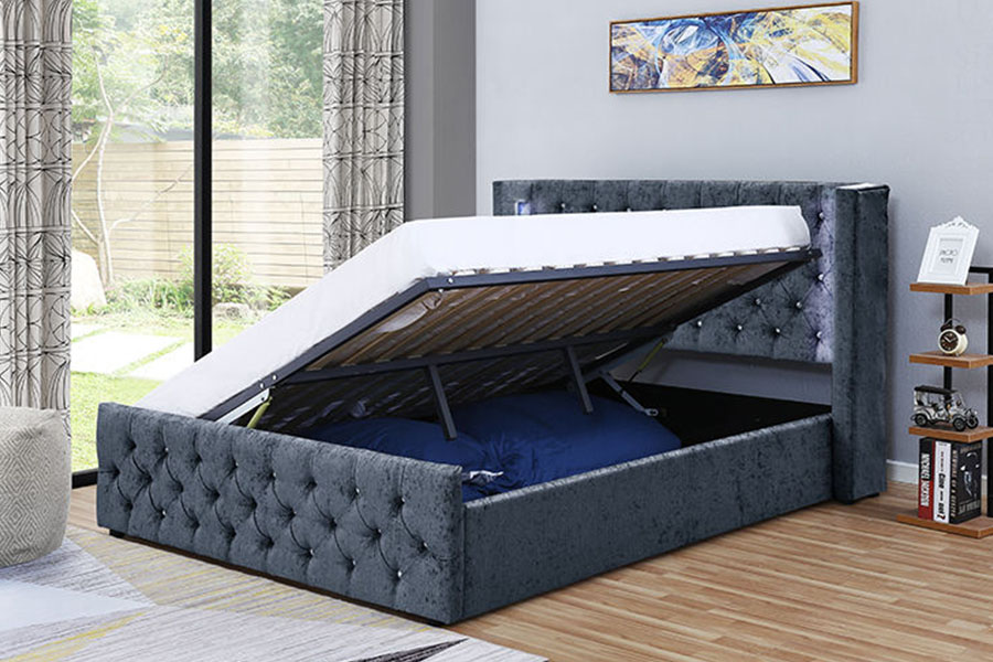 1290-1G Prata-Veludo LED Winged-Diamante Estrutura de cama de madeira para armazenamento