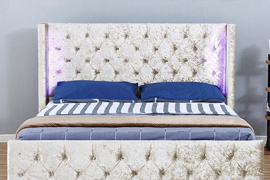 1290-1G Prata-Veludo LED Winged-Diamante Estrutura de cama de madeira para armazenamento