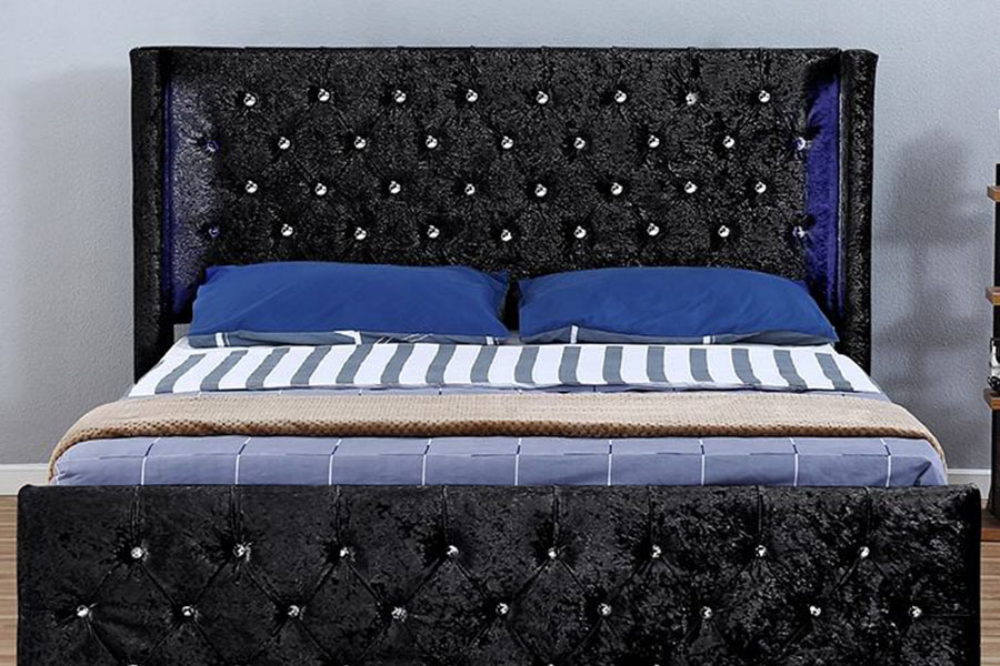 1290-1G Prata-Veludo LED Winged-Diamante Estrutura de cama de madeira para armazenamento