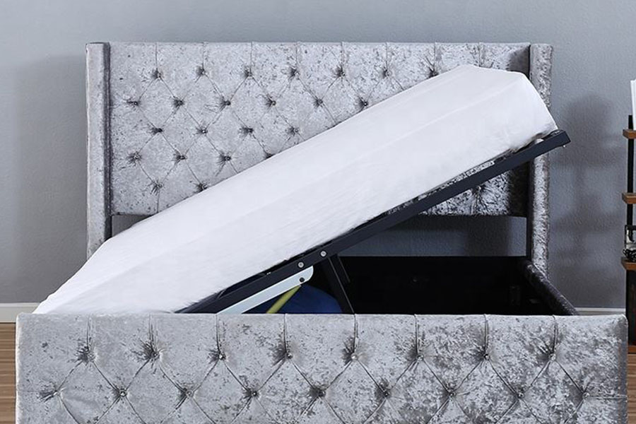 1290-1G Prata-Veludo LED Winged-Diamante Estrutura de cama de madeira para armazenamento